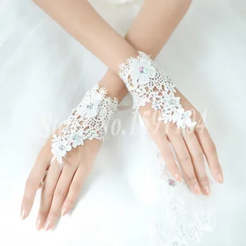 2020 Елегантни Дантелени Къси Бели Модерни Ръкавици Без Пръсти С Цветя Модел За Момичета, Детски Студентски Вечерни Танци, Сватбени Ръкавици