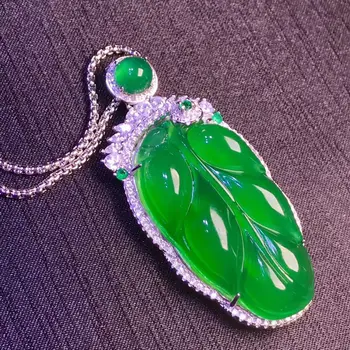100% Натурален Зелен Нефритови Лист Медальон Бижута На Жените И Мъжете Автентични Бирма Нефриты Каменни Амулети Ледена Jadeite Амулет Подаръци За Дами