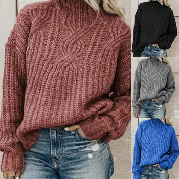 2023 Есен и Зима Нов Пуловер Дамски Поло Обрат Вязаный Случайни Пуловер Блузи Плетени Пуловери