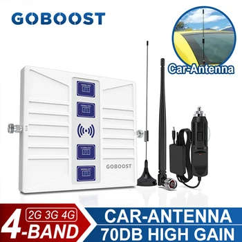 GOBOOST 4-Лентов Усилвател на Сигнала За Колата 70 db с Висок коефициент на усилване на 2G + 3G + 4G Мобилен Усилвател 700 800 1800 2100 2600 Mhz Мрежов Повторител Комплект