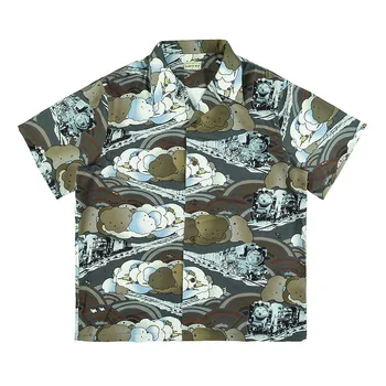 KAPITAL Мъжки Ризи, Дамски 1: 1 Влак Облак Графити Риза с Къс Ръкав Kapital Ризи Оверсайз