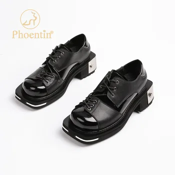 Phoentin/Дамски обувки-лодка в масивна метална обувки с кръгло бомбе и шнур, Черни Обувки в стил пънк, размер 43, ретро Y2K, готини обувки, FT2159