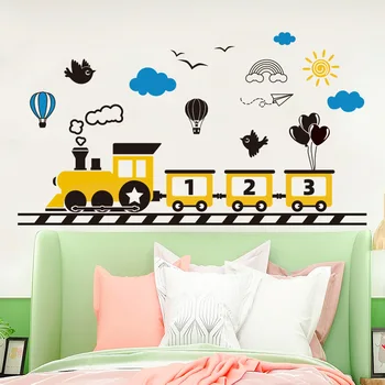 [shijuekongjian] Креативни Стикери за стена с Влак, Направи си САМ, Облаци, Птици, Стикери за Стени, Детски Стаи, Детска Спалня, Украса за Дома