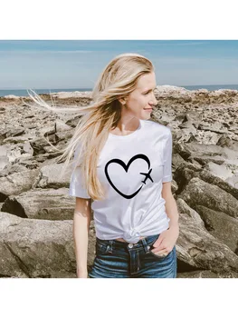 Travel Plane Love Heart Летни Графични Дамски Тениски С Къс Ръкав Празнична тениска Ежедневни Tumblr Дамски Дрехи, Блузи Ropa De Mujer