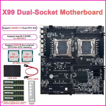 Дънна платка X99 с две контакти E-ATX + процесора E5-2620 V3 + 4G DDR4 ECC RAM + SSD 120G + Кабел SATA + рамка LGA2011-3 Двоен процесор 8X SATA2.0