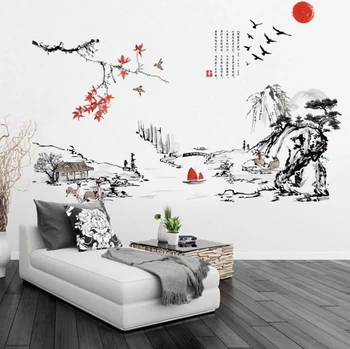 Китайски стил живопис туш пейзаж книга за изкуството на Стикери за стена дневна Спалня фон за декорация на дома Рисувани Етикети тапети