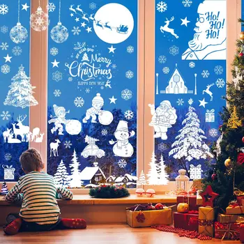 Коледни Статични Стикери Стъкло Бяла Снежинка Лосове Дядо Коледа Коледни Етикети