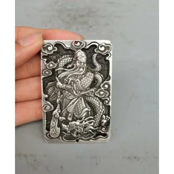 Колекция тибетски сребро ръчна дърворезба, Яхнал дракон на гонг амулет висулка
