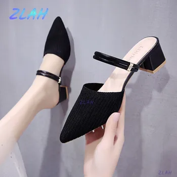 Летни дамски чехли, сандали Zlah, Нови обувки Baotou на дебелите обувки с остри пръсти, обувки Мюлер за средно обувки, дамски обувки, една обувка, Две носене
