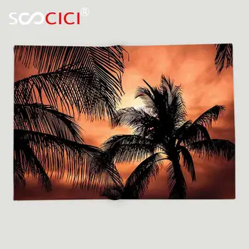 Произведено по поръчка на мека флисовое одеяло Интериор на апартамент Тропическа тема Силует палми по залез слънце Дигитален печат Оранжево