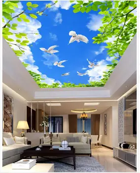 Синьо небе и бели облаци зелени листа тавани Пейзаж тапети на стенописите на тавана, 3d стенопис тапети