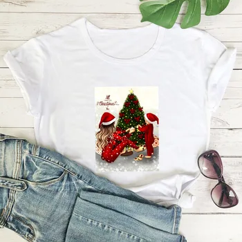 Тениски с Шарени елхи за Жени, Ежедневни тениски с къс Ръкав, Дамски Проста Дива тениска, Женски Коледен Подарък, Топ